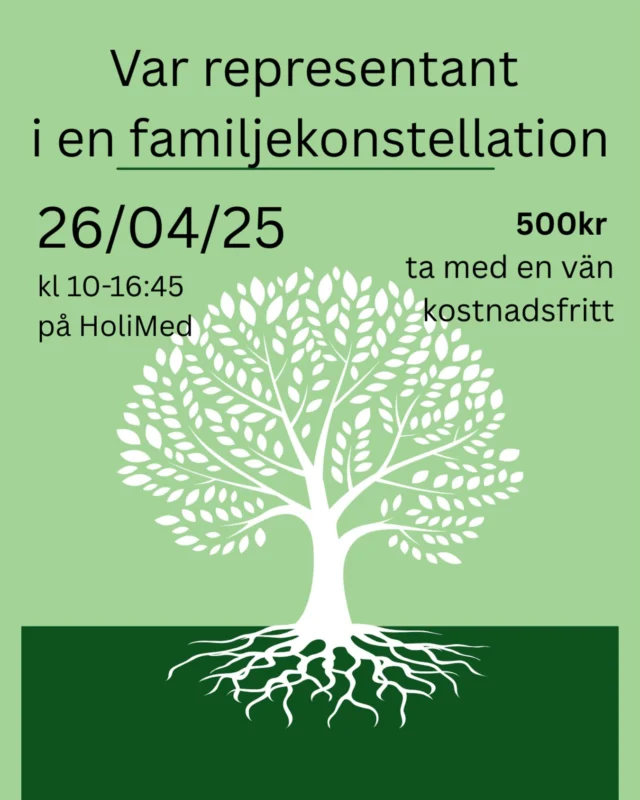 🌿 Välkommen att vara representant i en familjekonstellation – 26 april hos HoliMed 🌿

Den 26/4 håller vi en heldagsworkshop i familjekonstellationer på HoliMed i Örebro. Alla platser för egna uppställningar är redan bokade – men du har fortfarande möjlighet att vara med som representant!

🔸 Vad är en familjekonstellation?
Det är en kraftfull metod för att förstå och läka dolda mönster inom familjesystemet. Genom att arbeta med representanter – som intuitivt ”känner in” olika roller i systemet – kan djupt liggande dynamiker synliggöras och lösas upp.

🔸 Varför vara representant?
Att delta som representant är ofta en stark och berörande upplevelse – även om det inte är din egen konstellation. Många känner igen sig i de teman som kommer upp och får egna insikter och läkning genom processen.
💡 Det är också ett fantastiskt sätt att lära känna familjekonstellation på djupet – i praktiken och med hela kroppen.

📍 När: Lördag 26 april, heldag
💰 Pris: 500 kr (du kan ta med en vän utan extra kostnad)
📍 Plats: HoliMed – holistisk medveten medicin, centralt i Örebro

Varmt välkommen att delta i denna unika upplevelse!
Skicka ett DM eller mejla oss för att boka din plats 💛

#familjekonstellation #systemisktarbete #örebroevent #HoliMed #helande #representant #workshopörebro #familjekonstellationörebro